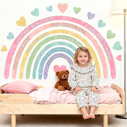 Large Rainbow Wall Stickers Kids Inspirational Wall Decal for Girl Bedroom Peel and Stick Watercolor Rainbow Wall Decals Pastel Pink You are Decor Vinyl Positive Art Murals for Baby Bedroom Playroom