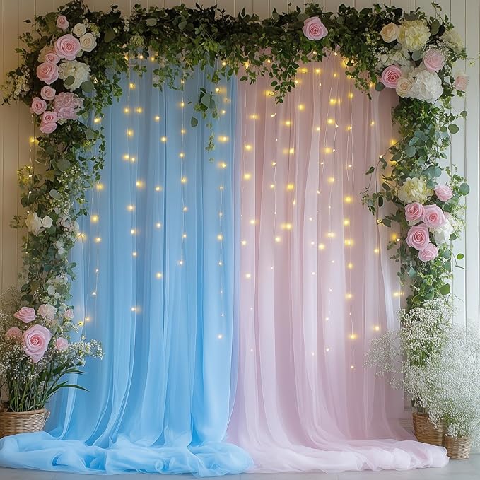 Tulle Curtain Backdrop with 300 LED Fairy Lights for Parites Wrinkle-Free Sheer Curtain Drapes Photo Back Drop for Wedding Baby Shower Bridal Shower Birthday Home Décor - 10ft×10ft, Pink Blue