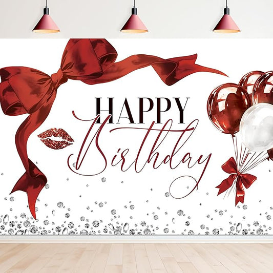 Burgundy Bow Happy Birthday Banner Backdrop 7Wx5H Photography Girls Coquette Birthday Decorations Red Balloons Background Women Bachelorette Party Decorations Banner Photo Booth Props Supplies