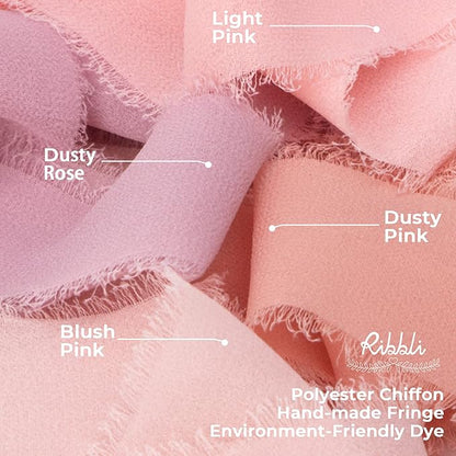 Ribbli Light Pink Chiffon Ribbon 1-1/2 inch x 20 Yard Handmade Fringe Chiffon Silk Ribbon for Wedding Invitations, Bridal Bouquets Wrapping, Flower Arrangement Decoration