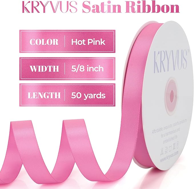 Double Faced Hot Pink Satin Ribbon, 5/8 Inch X 50 Yards Polyester Ribbon for Gift Package Wrapping, Crafts, Bow Making, Sewing, Flower Bouquet, Wedding Party Decor