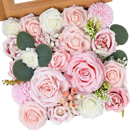Artificial Flowers Combo Box Set Pink Roses Floral Fake Flowers Realistic Touch Flowers with Stems for Wedding Bouquets Table Centerpieces Home Decor