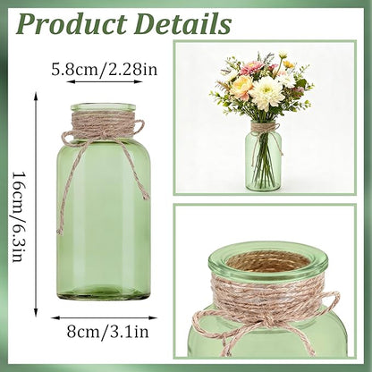 Vintage Glass Flower Vase，6 Pack Green Farmhouse Glass Centerpiece Vases Mason Jars for Weddings, Parties & Home Decor Bulk (6,Green)