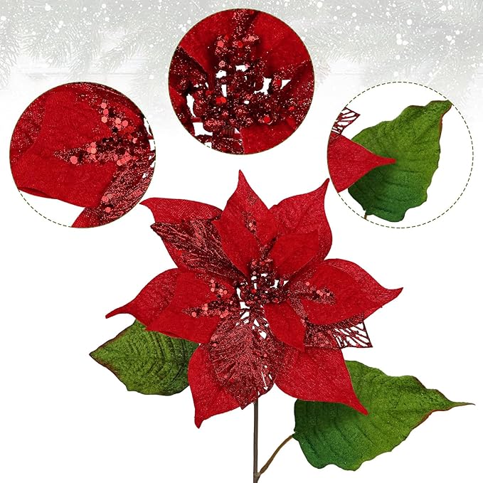 10" Poinsettia Flower Artificial for Christmas Tree Decor, 3 Pcs Faux Glitter Poinsettias Stems for DIY Xmas Wreath & Garland, Christmas Ornaments for Home Party & Holiday Decorations, Dark Red