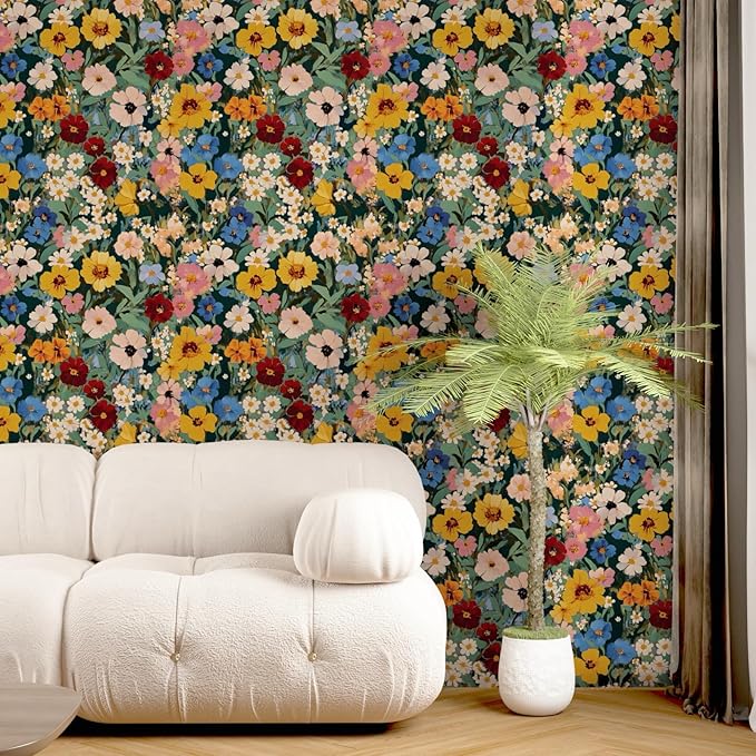 Colorful Floral Peel and Stick Wallpaper Boho Leaf Contact Paper Watercolour Wall Paper for Accent Wall Closet Cabinet Shelf Liner Removable Renter Friendly 17.5 x 393.5In