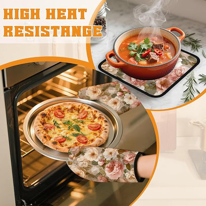 Pink Roses Oven Mitts and Pot Holders Set,Peony Flower Kitchen Oven Gloves and Pot Holder with Heat Resistant Non Slip for Cooking Baking Grilling(4 Piece Set)