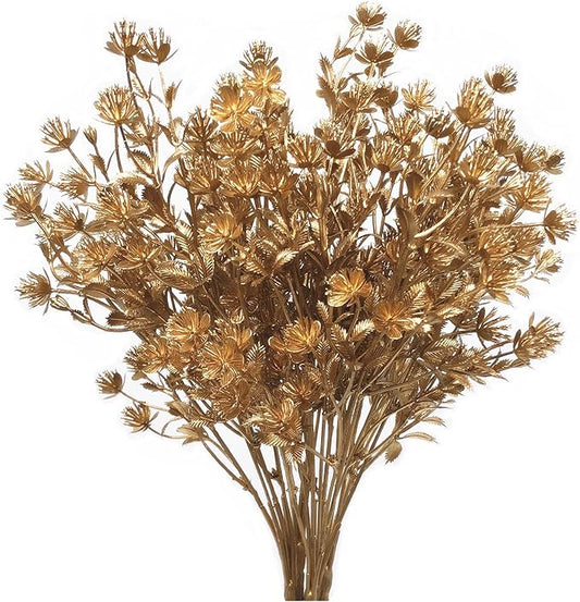 PASYOU Gold Fake Plants, Artificial Flowers Decoration for Christmas Golden Leaves Grass Plastic Faux DIY Crafts Indoor Outdoor Home Garden Party Room Bedroom Wedding Table Centerpiece Decor, 4 Pack