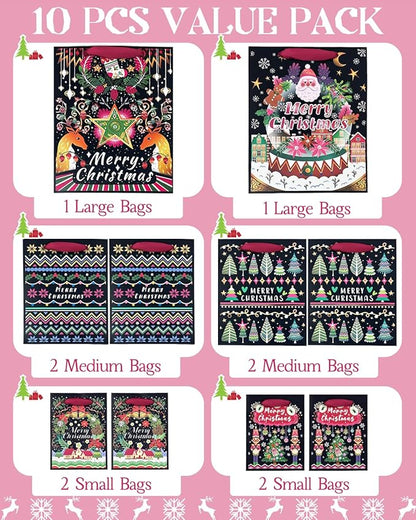 qiqee Christmas Paper Gift Bags with Tissue Paper Handles Assorted Sizes 10PCS Merry Christmas Bags(2pcs Large 13", 4pcs Medium 9", 4pcs Small 6"，30pcs Tissue Paper)