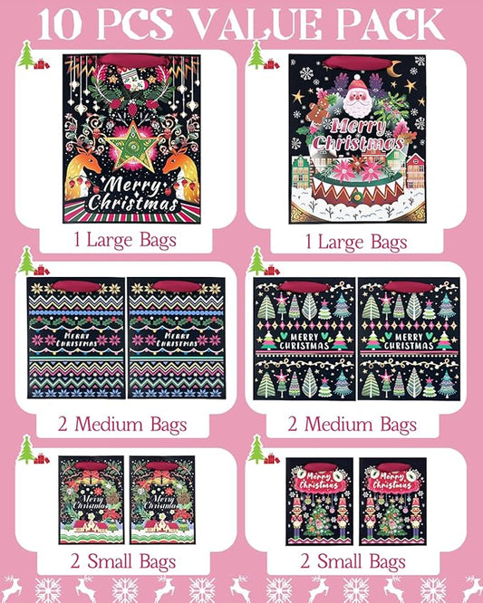 qiqee Christmas Paper Gift Bags with Tissue Paper Handles Assorted Sizes 10PCS Merry Christmas Bags(2pcs Large 13", 4pcs Medium 9", 4pcs Small 6"，30pcs Tissue Paper)
