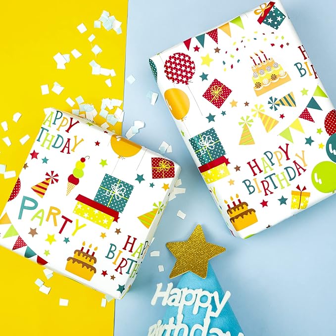 WRAPAHOLIC 30 Inch Birthday Wrapping Paper Roll - Cheerful Happy Birthday Wrapping Paper for Holiday, Party, Baby Shower - 30 Inch x 33 Feet