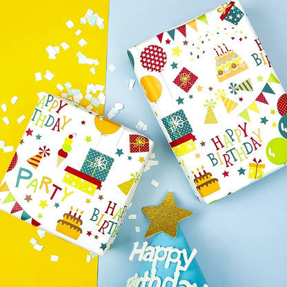 WRAPAHOLIC 30 Inch Birthday Wrapping Paper Roll - Cheerful Happy Birthday Wrapping Paper for Holiday, Party, Baby Shower - 30 Inch x 33 Feet