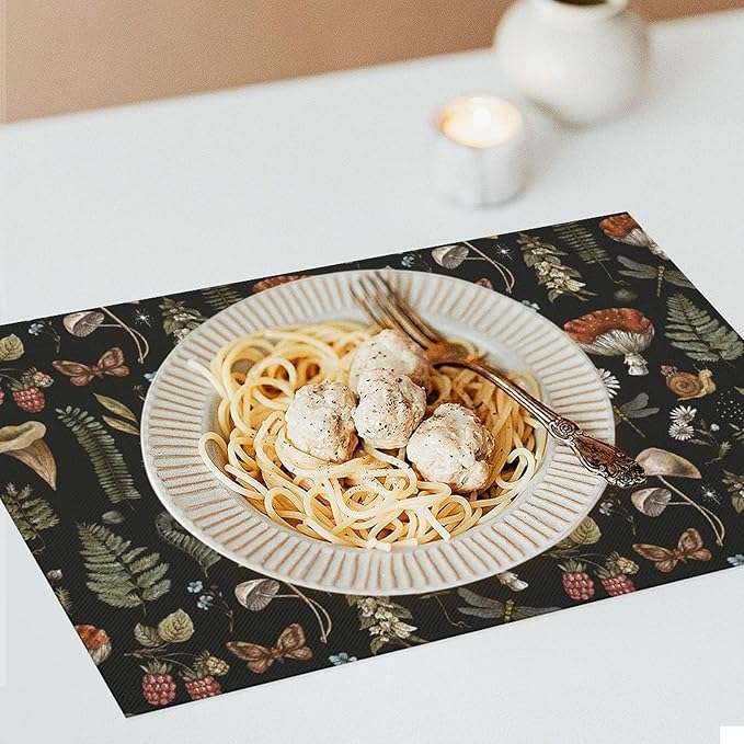 Mushroom Placemats Set of 6,Vintage Gothic Mushroom Fern Kitchen Place Mats Linen 12x18 Inch,Black 6 PCS, Style-5