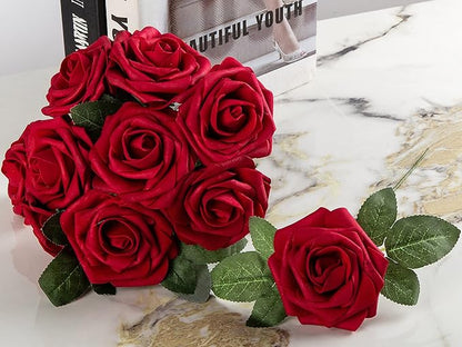Artificial Flower Foam Rose 25pcs Real Looking Fake Rose with Stems Leaves for Home Decoration Party Garden Centerpieces DIY Wedding Bouquets（Dark Red）