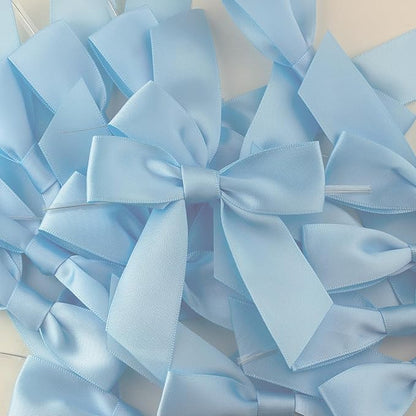 7Rainbows 30pcs Boutique 3.5" Light Blue Satin Ribbon Twist Tie Bows for Tying Up Packages Gift Wrapping