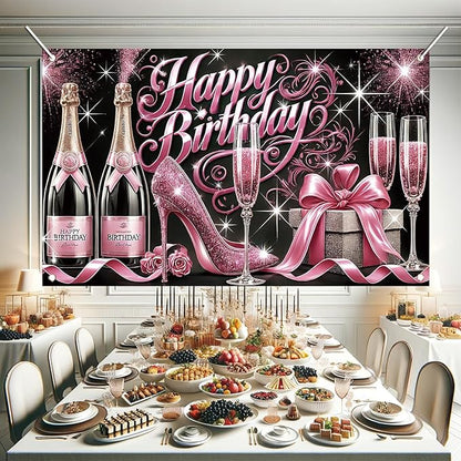 Happy Birthday Backdrop Banner Glitter High Heels Wine Glass Photography Background Poster for Women Girls Birthday Party Decorations Supplies 71 x 43 Inch