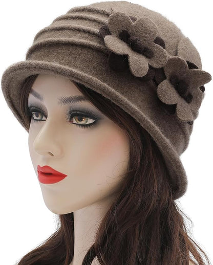 ZLYC Women Wool Cloche Bucket Hat 1920s Vintage Dress Winter Hats with Flower Accent