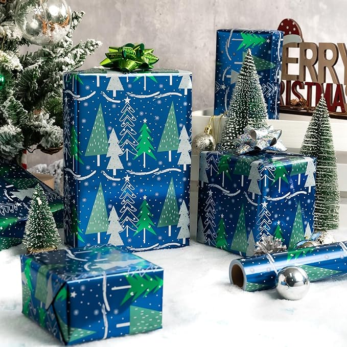 MAYPLUSS Christmas Tree Wrapping Paper Roll - 17 Inch X 33 Feet - Shine Metallic Navy Blue Elegant Christmas Tree Snow Winter Gift Wrap Paper Sheet for Holiday, Hanukkah, Festive Decoration