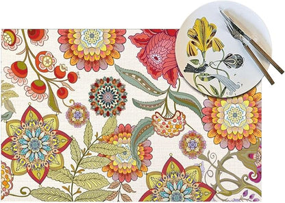Boho Floral Placemats Set of 4, Flower Table Mats for Kitchen Dining Table, Colorful Decorative Place Mats Washable Linen Placemat 12"x18", Housewarming Gifts for New Home