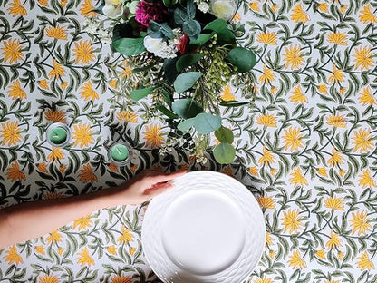 ATOSII 'Noor' 100% Cotton Boho Rectangle Tablecloth, Handblock Floral Print Linen Table Cloth for Dining Table I Tabletop I Parties/Outdoor I Wedding I Spring/Summer (60" X 108")