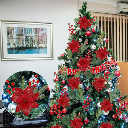 24 PCS Poinsettia Flower Artificial Red Christmas Flowers Artificial 5.5'' Glitter Poinsettias Artificial Christmas Tree Flower with Clips DIY Xmas Wreath Holiday New Year Home Party Decor