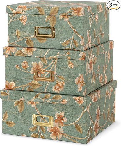 Soul & Lane Decorative Cardboard Storage Boxes - Set of 3 Square Stacking Boxes with Lids and Gold Label Holders, Nesting Photo Storage for Decor and Organizing, Botanical Sage