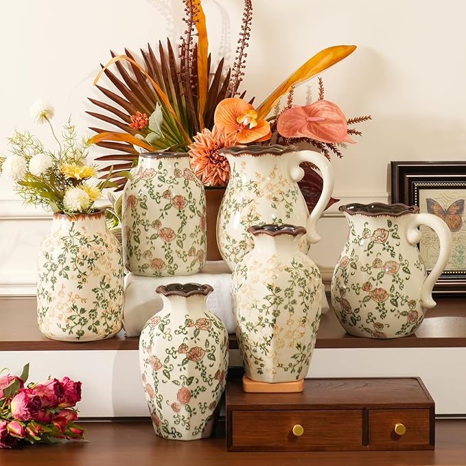 Vintage Ceramic Vase - 8.2 Inch Hand-Painted Roses with Ice Crackle Glaze Finish, American Farmhouse Style Pitcher Vase for Home Decor, Centerpiece, Shelf, Table, Office, Rustic Wedding Gift