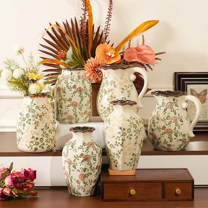 Vintage Ceramic Vase - 8.2 Inch Hand-Painted Roses with Ice Crackle Glaze Finish, American Farmhouse Style Pitcher Vase for Home Decor, Centerpiece, Shelf, Table, Office, Rustic Wedding Gift
