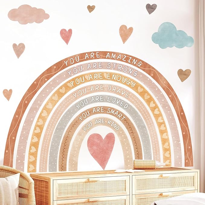 Large Rainbow Wall Decal Boho Kids Bedroom Wall Decals Peel and Stick Rainbow Wall Sticker Watercolor Inspirational Walls Decor Stickers Self-Affirmation Decal Vinyl Wallpaper for Nursery Playroom