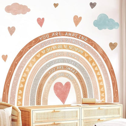 Large Rainbow Wall Decal Boho Kids Bedroom Wall Decals Peel and Stick Rainbow Wall Sticker Watercolor Inspirational Walls Decor Stickers Self-Affirmation Decal Vinyl Wallpaper for Nursery Playroom