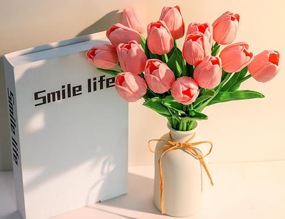 SITUMEIZI 15pcs Pink Tulips Fake Artificial Flowers Real Touch 14" Silk Flower for Home Kitchen Decor Spring Easter Wedding Bouquet Decorations Office Valentine's Day Gifts