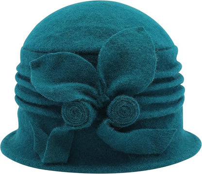 ZLYC Women Wool Cloche Bucket Hat 1920s Vintage Dress Winter Hats with Flower Accent