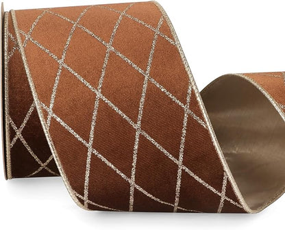 Ribbli Brown Velvet Ribbon Wired with Glitter Diamond Grid 4 Inch Christmas Ribbon for Christmas Tree Decoration Big Bow Gift Wrapping Crafts Wreaths Garland Supplies - 10 Yards