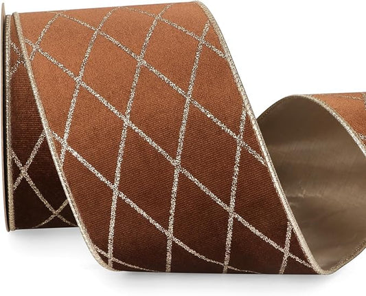 Ribbli Brown Velvet Ribbon Wired with Glitter Diamond Grid 4 Inch Christmas Ribbon for Christmas Tree Decoration Big Bow Gift Wrapping Crafts Wreaths Garland Supplies - 10 Yards