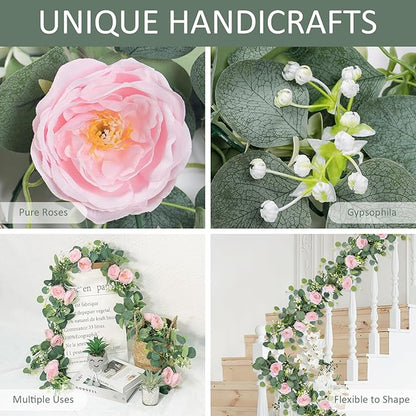 TOCHGREEN 2 Pack 13Ft Artificial Eucalyptus Flower Garland with Pink Camellia, Fake Flower Greenery Garland Floral Vines for Wedding Home Party Room Table Runner Decor (2PCS, Pink)