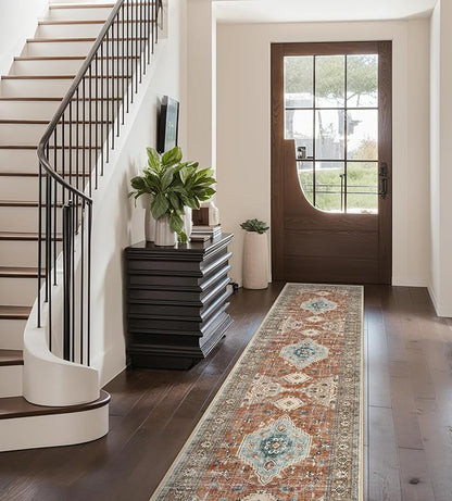 Lahome Oriental Hallway Runner Rug, 2.5x8 Kitchen Runner Non Slip Ultra-Thin, Soft Washable Hallway Rug Non Shedding Long Carpet for Entryway ‎Laundry Room Bathroom, Orange/Multi