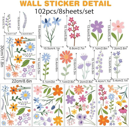 Wild Flower Wall Decals - Peel and Stick Removable Floral Wall Stickers for Nursery, Bedroom, Living Room Decor (8 Sheets 102 Pcs Wildflower Mural Art, Garden Theme)