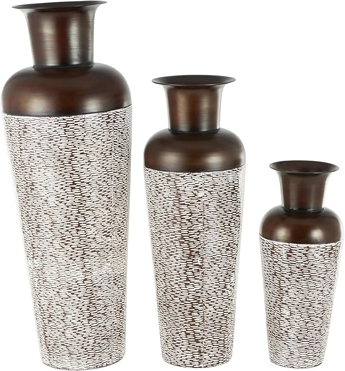 Deco 79 Metal Decorative Vase Tall Spotted Tapered Floor Centerpiece Vases with Brown Trumpet Tops, Set of 3 Flower Vases for Home Decoration 18", 39", 28" H, White