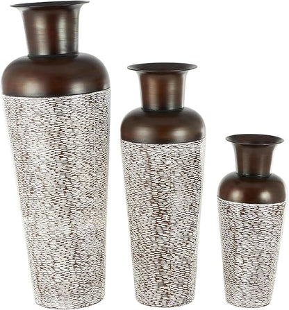 Deco 79 Metal Decorative Vase Tall Spotted Tapered Floor Centerpiece Vases with Brown Trumpet Tops, Set of 3 Flower Vases for Home Decoration 18", 39", 28" H, White