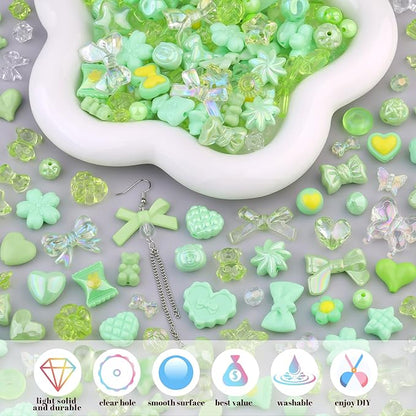 Assorted Acrylic Beads, 200-260PCS Green Cute Beads for Bracelet Making, GummyBear Bow Flower Candy Kawaii Charms for Jewelry Making DIY Necklace Keychain Phone Charm Christmas Gift