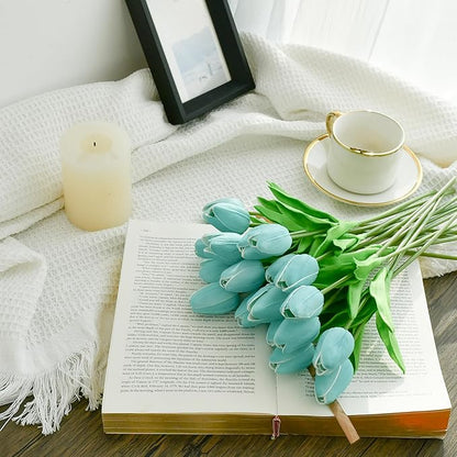 Mandy's Artificial Tulips 20 Stems Robin Egg Blue PU Faux Flowers for Thanksgiving and Christmas Decorations Wedding Home Decor 13.5 Inch