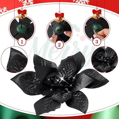 WILLBOND 24 Pcs 3 Size Poinsettia Flower Artificial Christmas Decor Glitter Poinsettia Christmas Ornaments Faux Flowers for Xmas Tree Outdoor(4/6/7.9 Inches,Black)