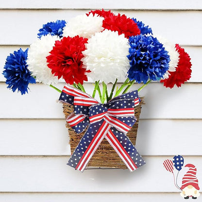 Tinsow 12 pcs Artificial Flower Patriotic Memorial Bouquet Red White and Blue Faux Ball Chrysanthemum Bouquet 4th of July Flowers Silk Flowers Arrangement for Home Party Centerpiece Vase Decor