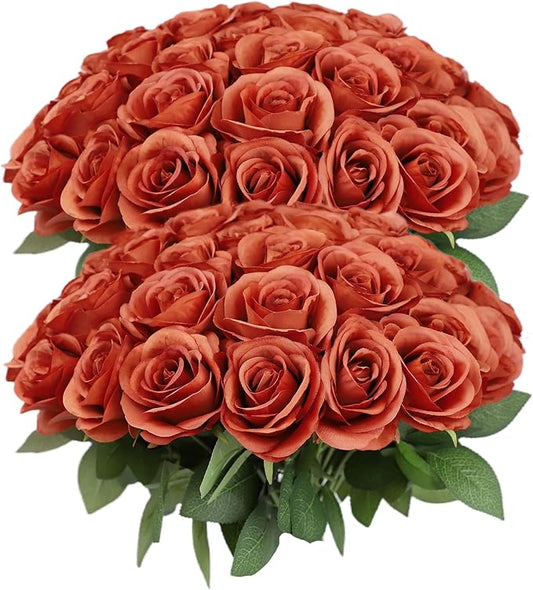 50pcs Roses Artificial Flowers Burnt Orange Fake Roses Flowers with Long Stems Silk Flowers for Wedding Bouquet Centerpices Decorations Party Bridal Baby Shower Home Decor