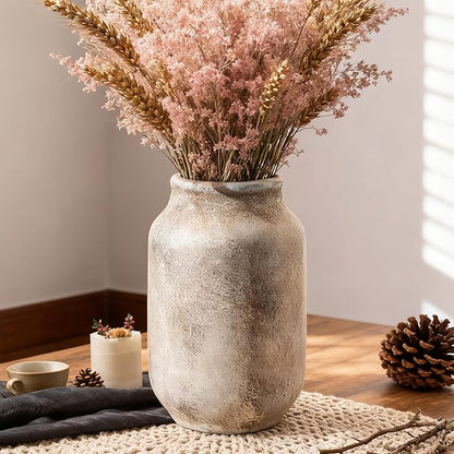 Rustic Ceramic Farmhouse Flower Large Vase, Whitewashed Terra Cotta Vase, Pottery Decorative Flower for Home Decor, Table, Living Room Decoration, Shelf Decor, Mantel, 9.5 Inch, Terra
