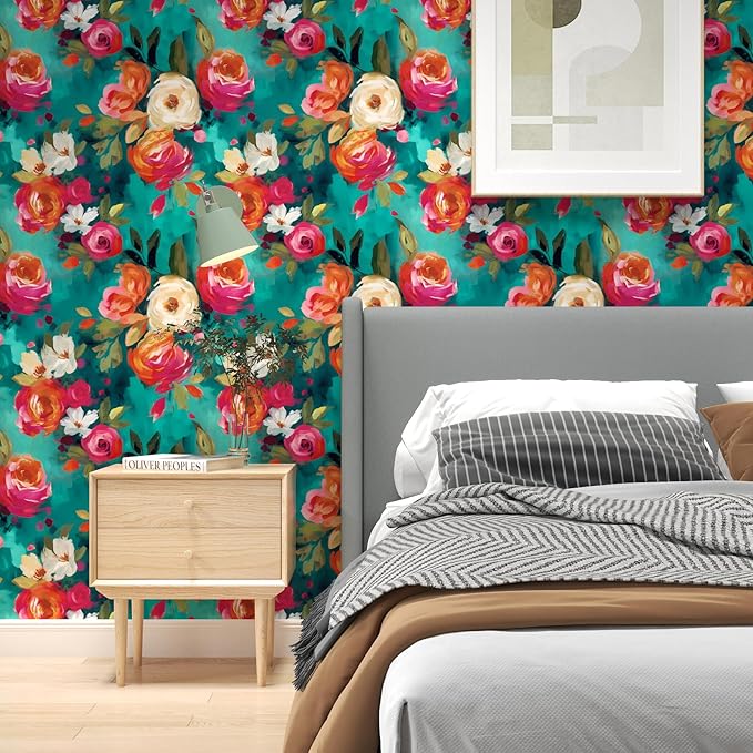 Watercolour Floral Peel and Stick Wallpaper Boho Vibrant Contact Paper Renter Friendly Wall Paper for Countertop Cabinet Wall Shelf Liner Removable Blue Colorful 17.5 x 118In