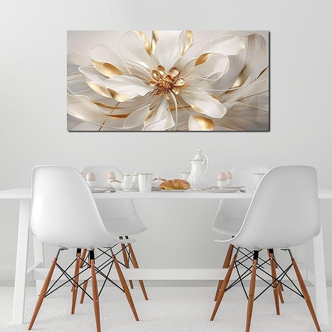 Flower Pictures Wall Decor for Office Women White and Gold Wall Art Girl Room Decoration Bedroom 24 x 48 Inch