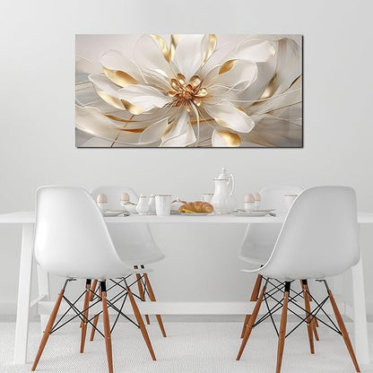 Flower Pictures Wall Decor for Office Women White and Gold Wall Art Girl Room Decoration Bedroom 24 x 48 Inch