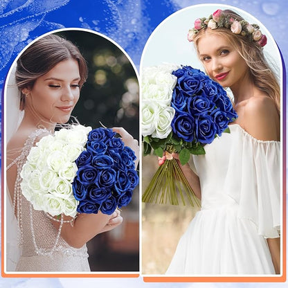 36 Pcs Silk Blue White Rose Bouquet Bridal Artificial Flowers,Fake Rose Long Stem Realistic Flowers Bulk for Wedding Bouquet Ball Arrangement Centerpiece Party Decor