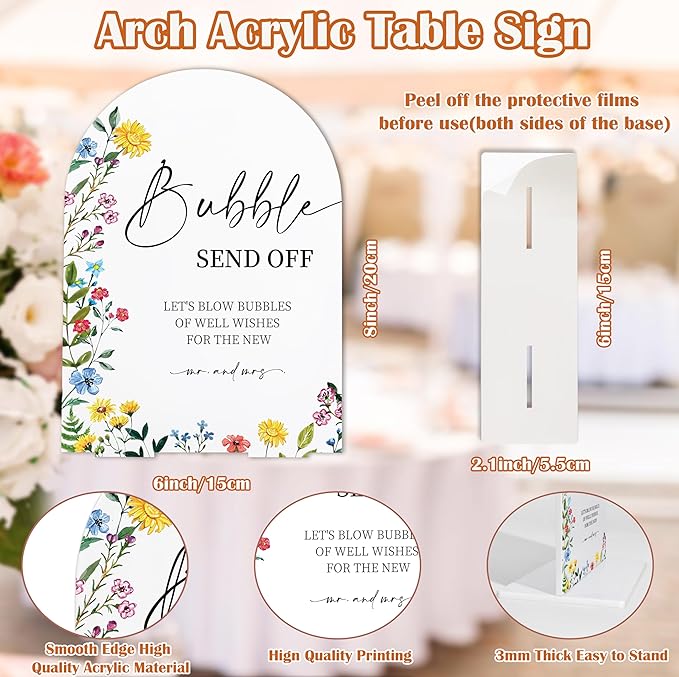 Acrylic Wedding Signs Bubble Send off Sign for Reception, 6x8" Floral Themed Arch Acrylic Table Decor, Love Is In Bloom Decorations for Bridal Shower Engagement Party