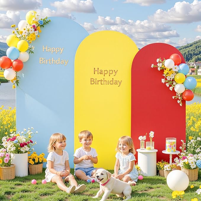 Rainbow Arch Backdrop Cover 8FT 7.2FT 6.6FT Stretchy Wedding Arch Covers Set of 3 Spandex Fitted Blue Yellow Red Fabric Backdrop Cover for Party Baby Shower Birthday Decoration